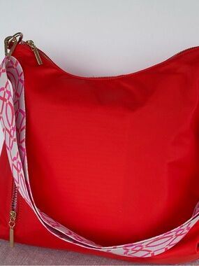 CWH Red Nylon Crossbody Bag Adjustable Strap Pink Pattern Sporty messenger bag